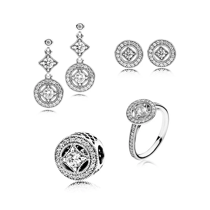 

Vintage Allure Charm Beads Ring Stud Earrings 100% 925 Sterling Silver Bridal Jewelry Set for Women Gift Fine Jewelry PFS442