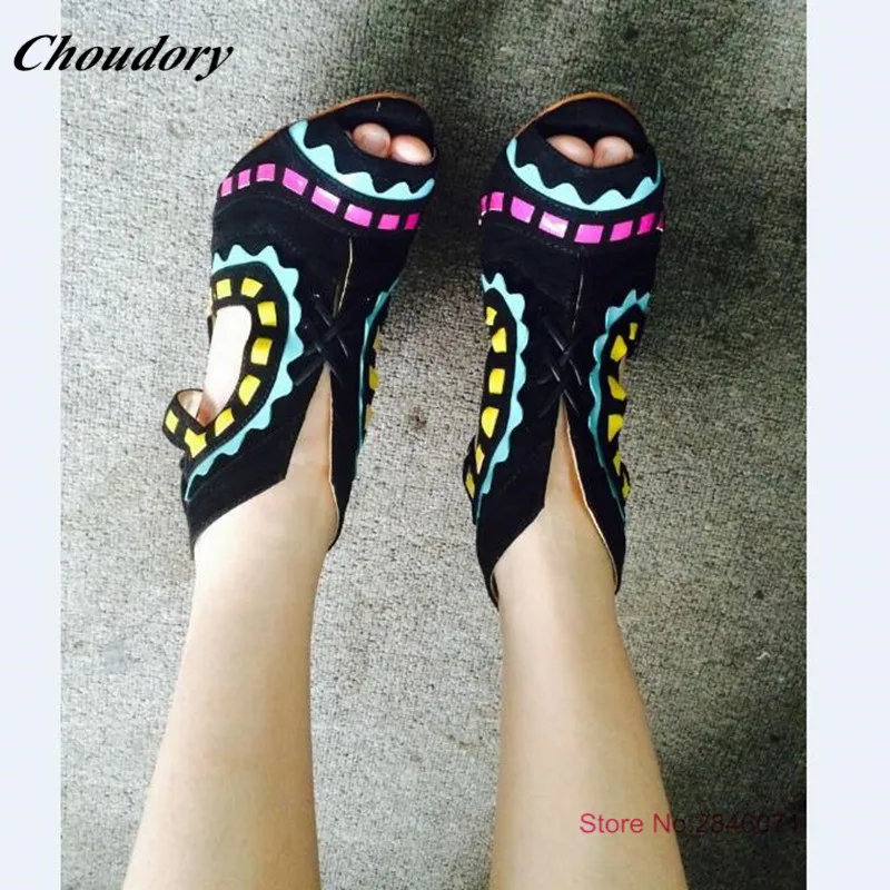 Choudory Folk-Custom Women Sandals High Heels Sexy Peep Toe Summer Shoes Lace-Up Mixed Colors Sandals Fashion sandalias mujer