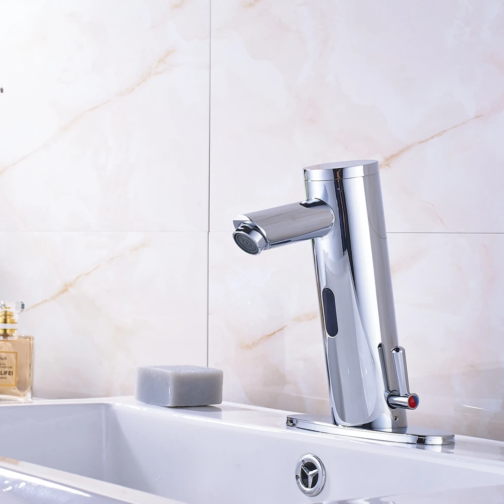 

Deck Mounted One Handle Sensor Chrome Finish Bathroom Sink Faucet Mixer Tap W/ Round Plate