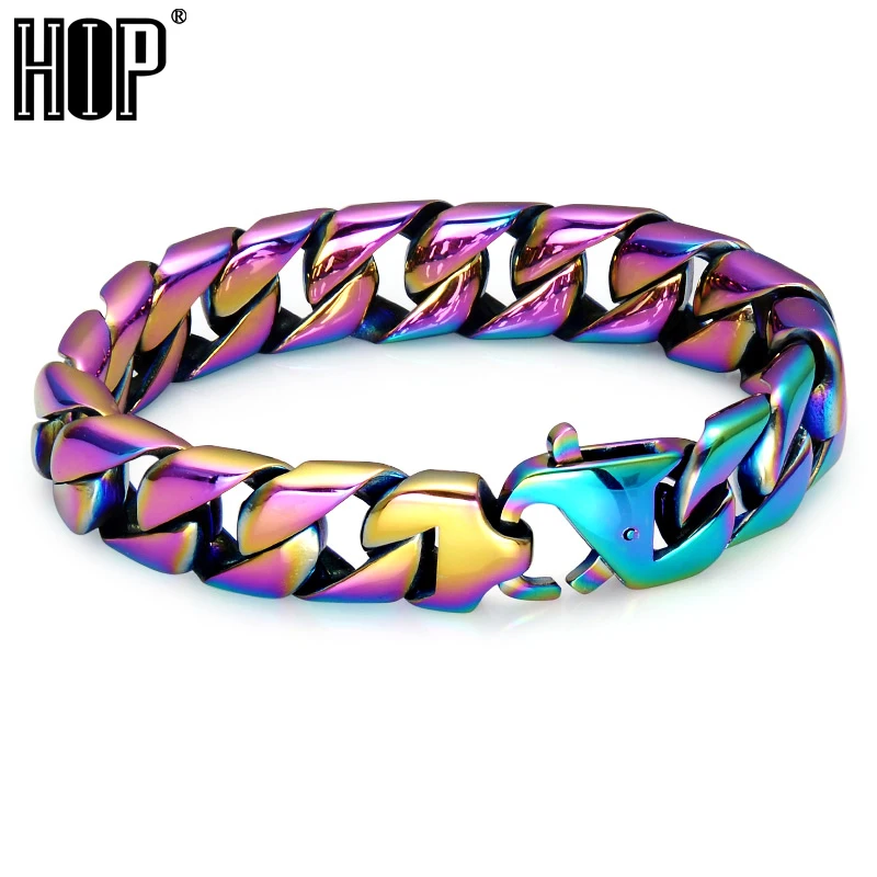 HIP Hop Rainbow Mens Bracelet Cool Colorful 316L Stainless Steel Curb Cuban Link Chain Bracelets For Men Rock Jewelry HIP Hop Rainbow Mens Bracelet Cool Colorful 316L Stainless Steel Curb Cuban Link Chain Bracelets For Men Rock Jewelry