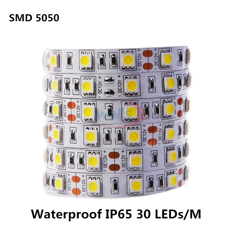 

LED Strip 5050 Waterproof DC12V 30LEDs / m 5m / lot Flexible LED Light RGB Red Green Blue and white warm white 5050 LED Strip