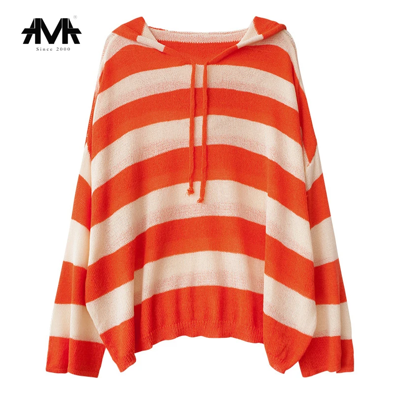 

Women Pullovers 2019 Spring Autumn Kint Long Sleeve Hooded Striped Hoodie Sweatshirts Knitwear