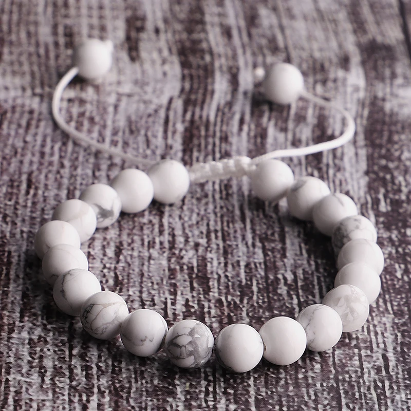 

Handmade 8mm Adjustable Natural White Stone Round Beads Bracelet Size Adjustable Men Healing Reiki Jewelry For Women