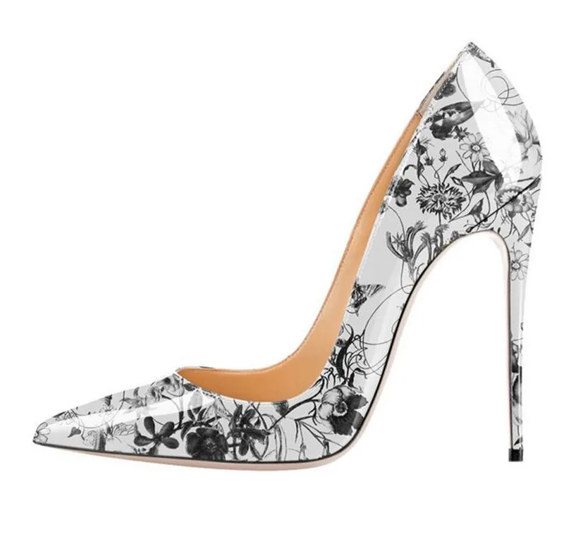 

2019 Elegant Women Flower Pumps 8.5/10/12CM Stiletto High Heel Patent leather Wedding Party Shoes Pointed Toe Floral Pumps