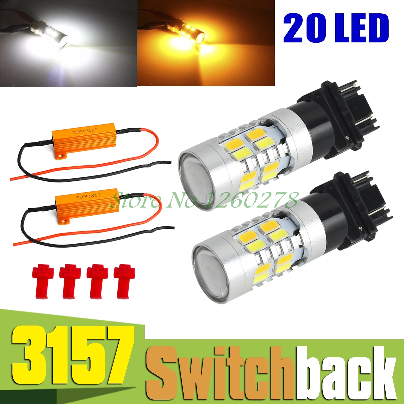 

3157 White Amber Dual Color Switchback LED Turn Signal Light Bulbs+Resistors