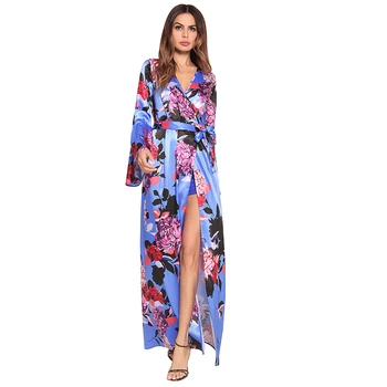 

AIIOU Flower Print Japanese Style Women Long Dresses Summer Female Belt Split Fashion High Quality Elegant V-neck Floral Dress