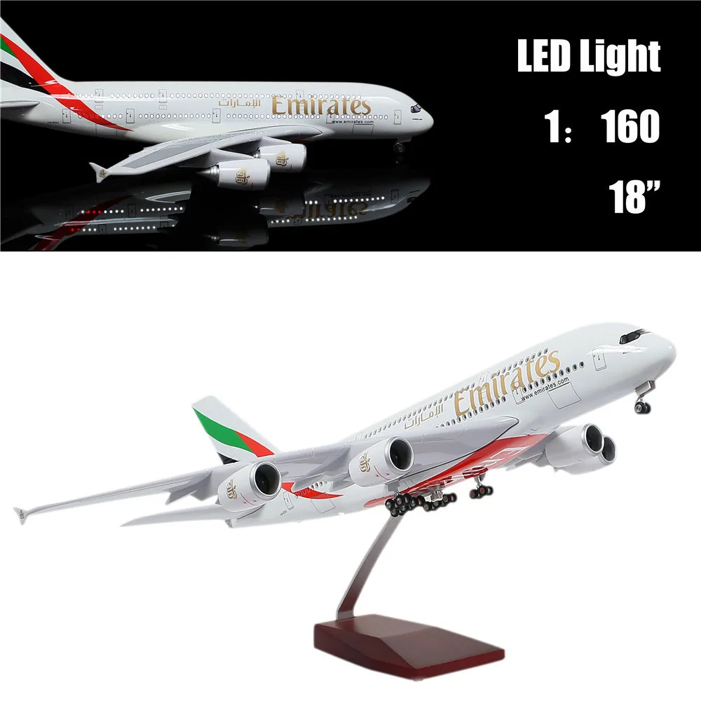 46 см 1:160 Модель литого самолета Emirates Airbus 380 светодиодный светильник (Сенсорное или