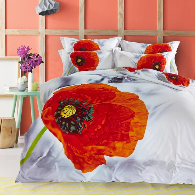 Fl Print Red Poppy And Grey Daisy Designer Bedding Set Pure Fl Print Red Poppy And Grey Daisy Designer Bedding Set Pure Cotton Textile Bedlinen Pillowcase