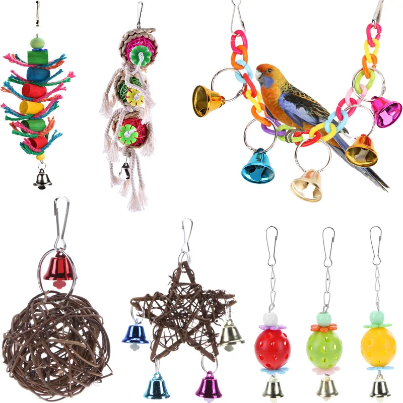 Cockatiel Parrot Toys Wooden Steel Hanging Bell Cage Toys for Parrots Bird Squirrel Funny Chain Swing
