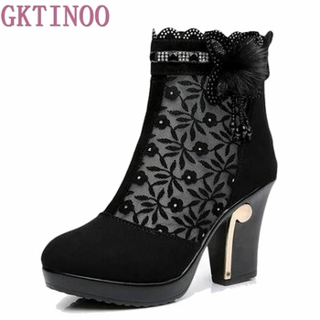 

GKTINOO Genuine leather female spring and autumn boots cutout mesh High heels boots women's shoes