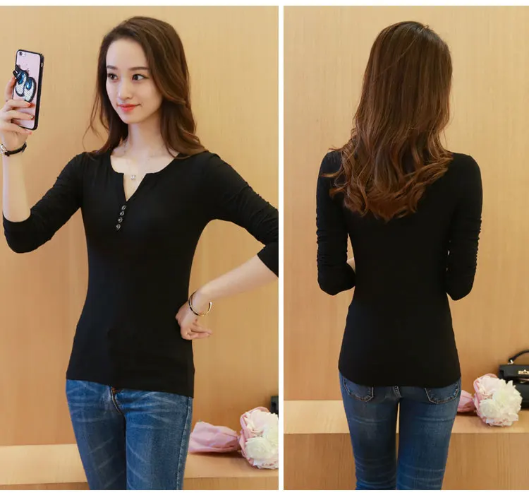 Tee Shirt Femme T-shirt Autumn Tops Tee Female Tshirt V-neck Long Sleeve Buttons Tshirts Casual Large Size Camisetas Mujer 2019 (8)