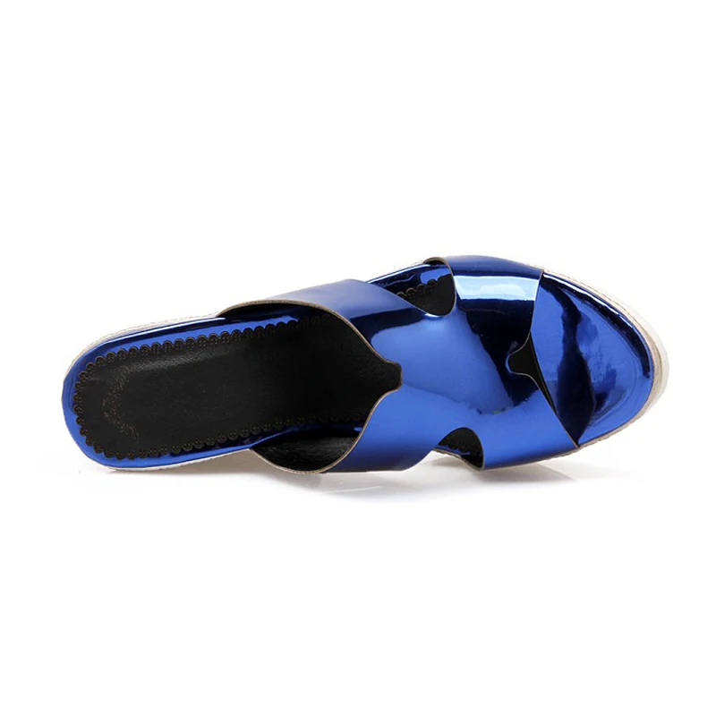 Big Size 33-43 Summer Woman Shoes Platform Metallic Leather Pink Slides Wedge Beach High Heel Slippers For Women Blue Lady Shoes (9)