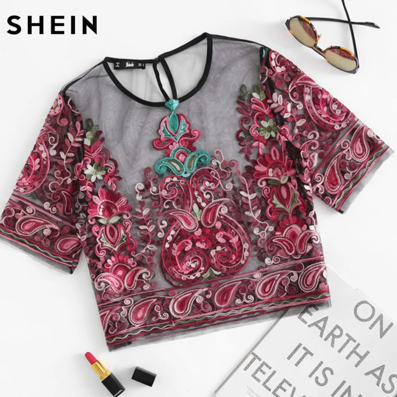 Шеин Boho женщин Топы корректирующие и Блузки для малышек цветок Вышивка Sheer Mesh Тонкий Топ Многоцветный короткий рукав Сексуальная Блузка