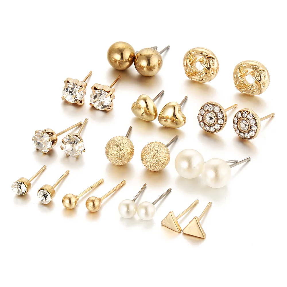 

Earrings 12 pairs sets Round Square Ball Alloy Crystal Student Earrings Suit For Women Girl Casual Hot-selling Cute Earring Sets
