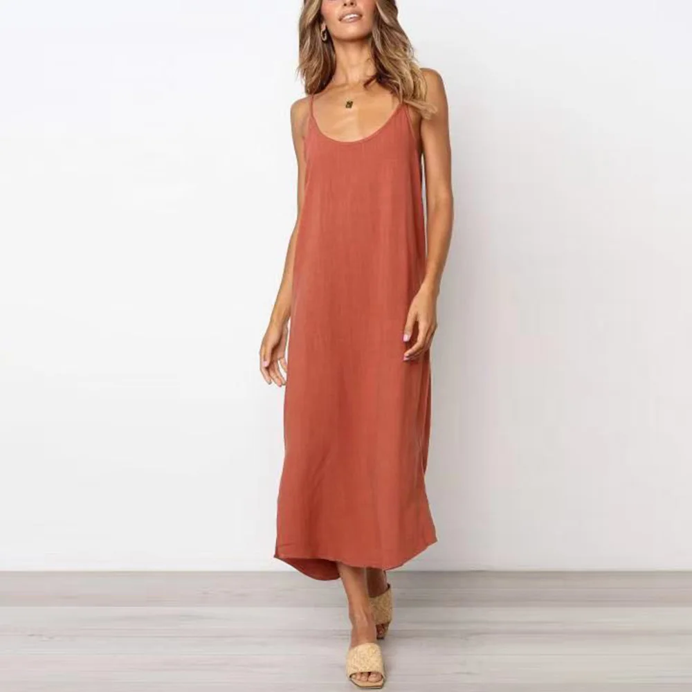 

Dress Solid Sleeveless Women Linen Cotton Spaghetti Strap O Neck Split Maxi Dress Casual Summer Loose Beach Dress vestidos H30