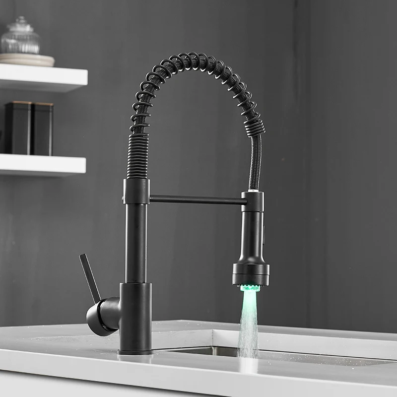  FLG LED Kitchen Faucet Brushed Nickel Sink Faucets Pull Out Tap All Around Rotate Swivel 2 Function - 33058271521