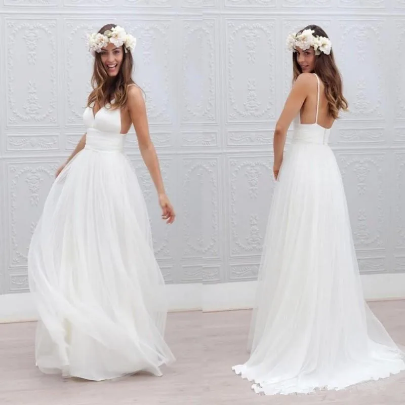 

Summer Beach Boho Wedding Dresses Sexy Backless Spaghetti Straps Tulle Ruched Floor Length Bohemian Wedding Bridal Gowns
