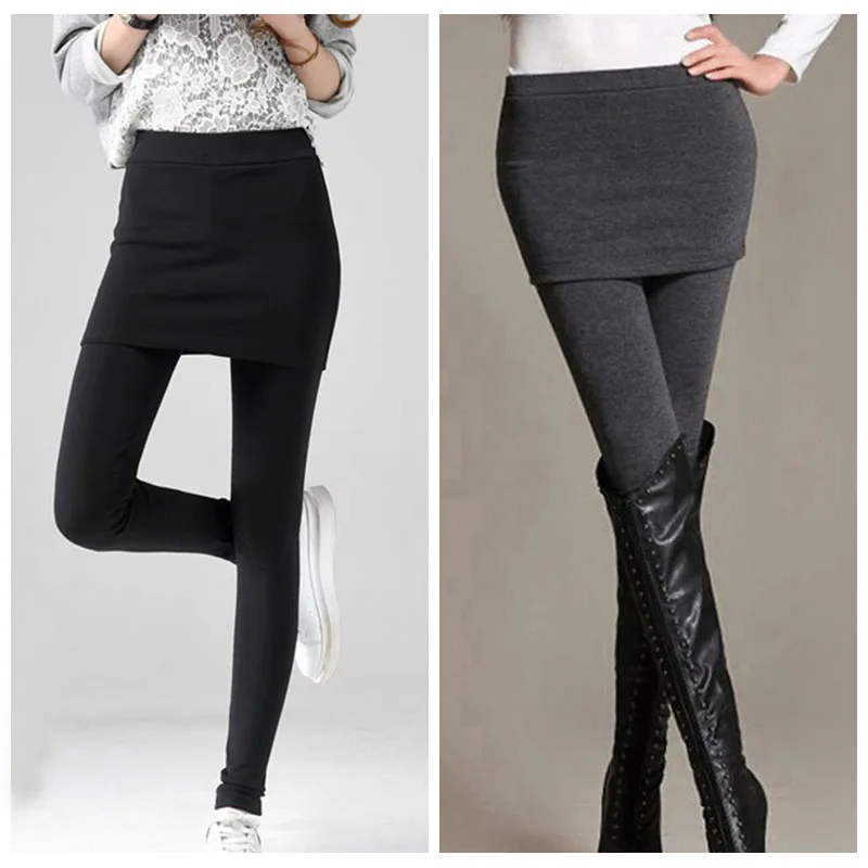 

2019 Women Winter Warm Pants Solid Fake Two Pieces Thicken Fleece Ankle-Length Leggings With Skirt New Design Trouser Femme X3