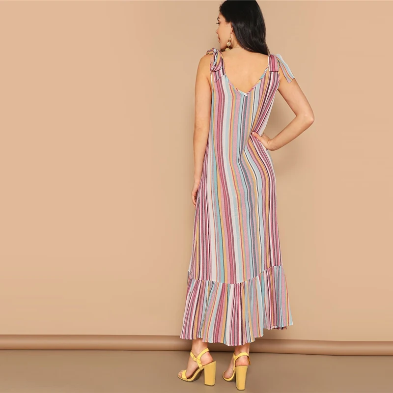 SHEIN Летнее Разноцветное Макси Платье С Круглым Вырезом Без Рукавов Длинное Платье В Полоску