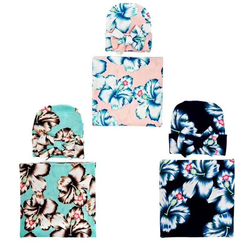 

2pcs/Set Infant Sleeping Receiving Blanket Baby Blanket Swadding Wrap Cute Vintage Flowers Printed Bowknot Hat Soft Elastic
