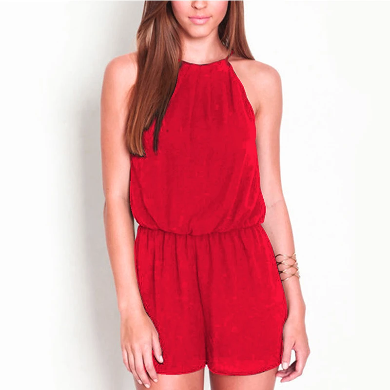 Fashion Women Halter Jumpsuits Sleeveless Chiffon Overalls Keyhole Back Casual Pure Black Girls Playsuit Rompers Sexy Summer