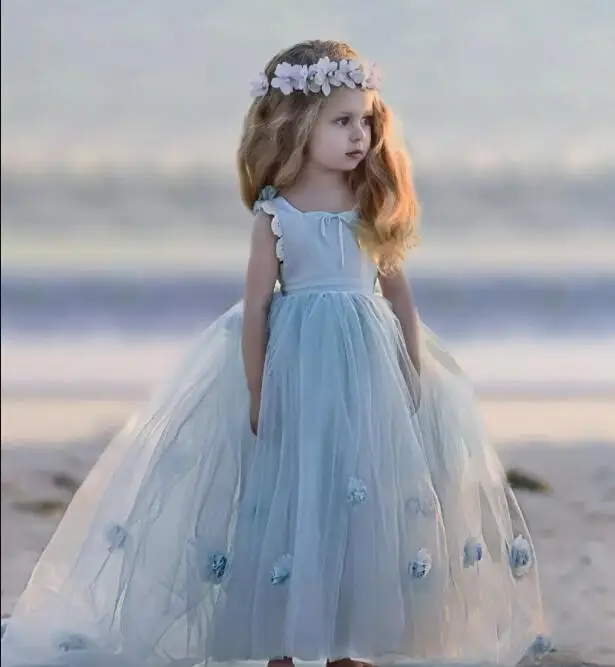 

New Sky Blue Flower Girl Dresses Special Occasion For Wedding 3D Flowers Girls Pageant Gown Size 2-14Y
