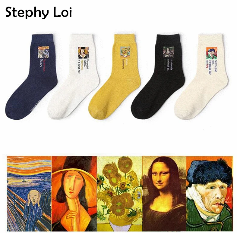 

New Arrival Oil Painting Van Gogh Sunflower Mona Lisa Socks Female Retro Art Abstract Happy Funny Women Socks harajuku fuzzy