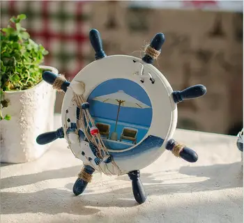 

Free Shipping!Dark Blue Round Wooden Photo frame Mediterranean Style Wooden Picture Rudder Frame House Decor