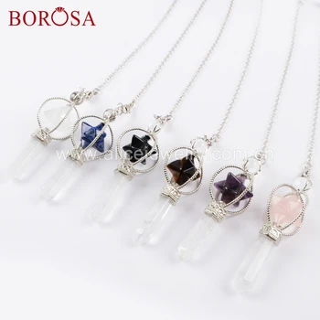

BOROSA 5/10Pcs Multi-kind Gems Stone Pendulum Silver Color Pendant Beads Natural A-meythest Crystal Jewelry for Necklace WX1047