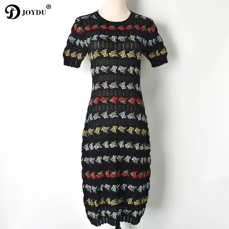 

JOYDU Fruit Grape Jacquard Runway Design Summer Dress 2019 Sexy Hollow Out O-neck Short Sleeve Knitting Midi Dress Party Dresses