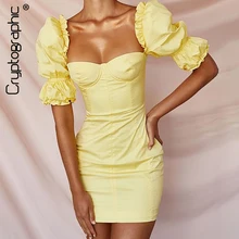 Criptográfico de moda Vintage Collar cuadrado vestido para las mujeres amarillo de manga Puff vestidos Sexy sin espalda Slim Otoño de 2021