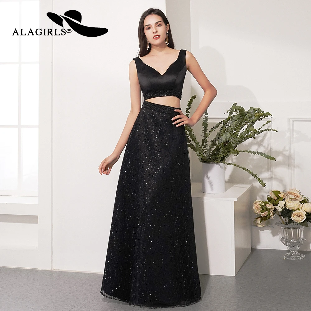 Alagirls 2-Piece платье для выпускного вечера 2019 новый дизайн Линия Черное вечернее платье v-образный вырез платье в деловом стиле для вечеринки