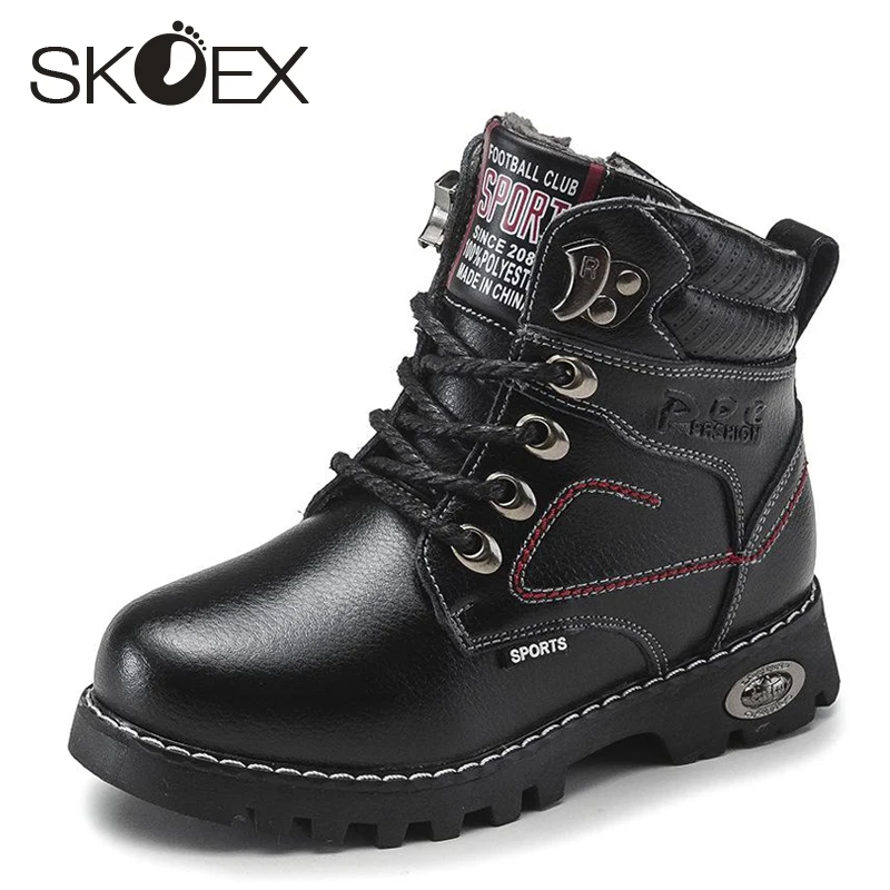 

SKOEX Children Snow Boots Baby Ankle Boot Kids Shoes For Boys Thick Plush Bow High Top Boy Shoe Male Winter Genuine Leather