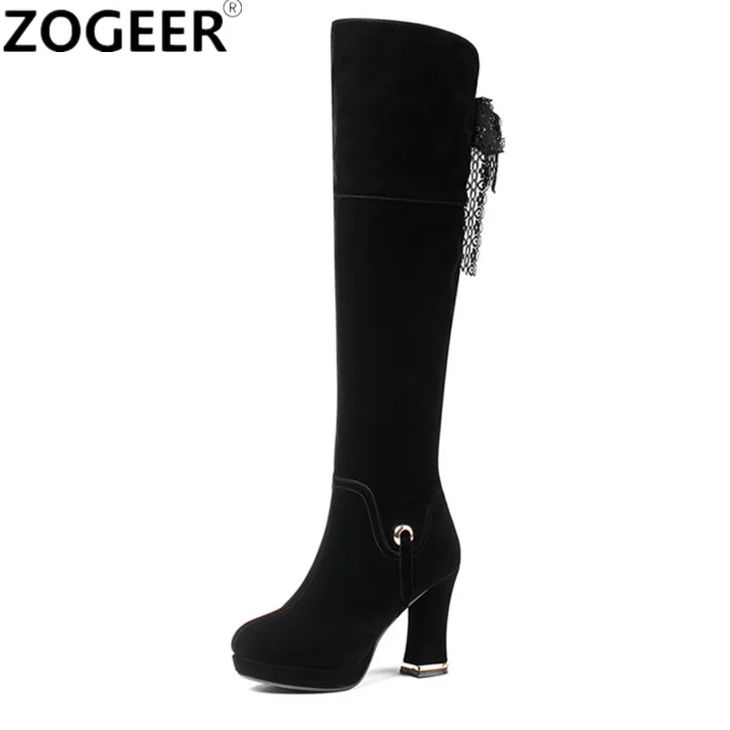 

Hot 2017 Fashion Over The Knee Boots Thick High Heel Shoes Woman Soft Flock Winter Autumn Black Ladies Long Boots