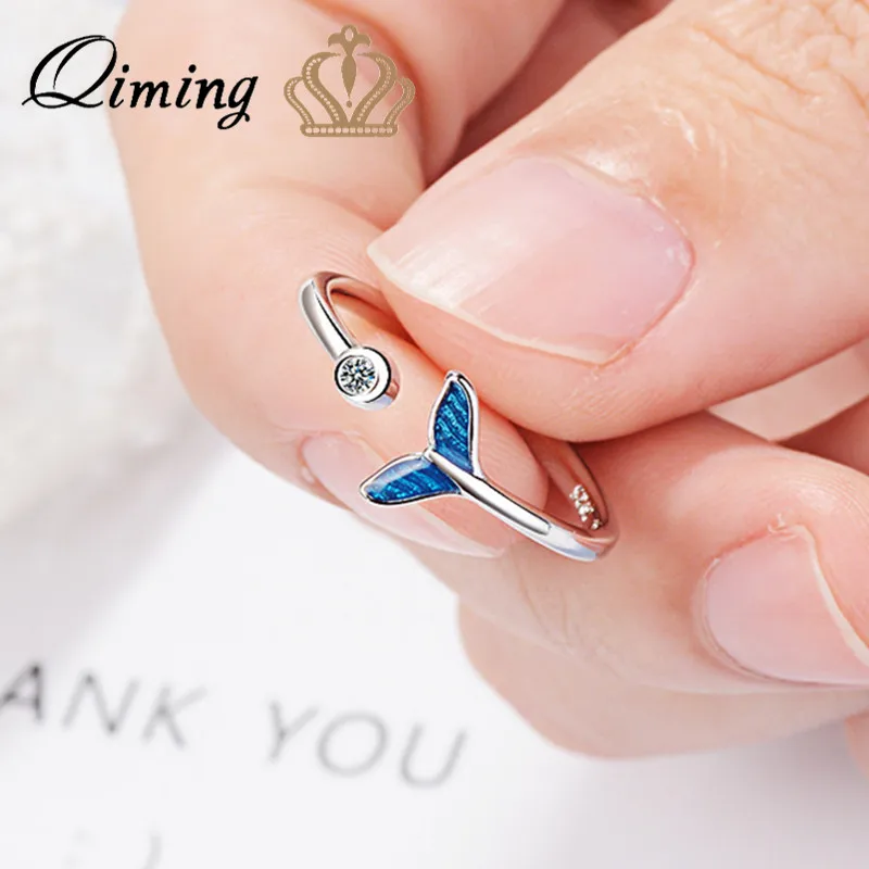 

Mermaid Tail Silver Crystal Ring Women Adjustable Statement Jewelry Ocean Blue Fish Tail Finger Vintage Cheap Rings Female Gift