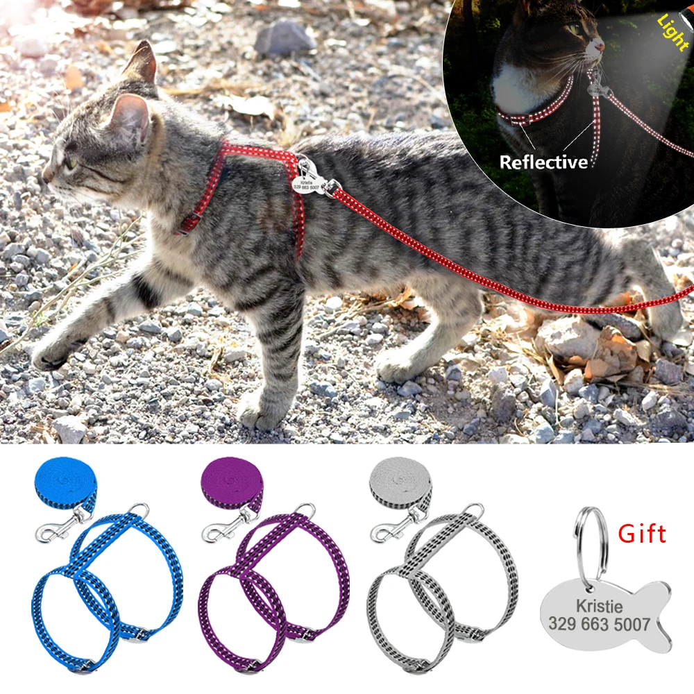 

Reflective Cat Harnesss Nylon Personalized Cat Harness and Leash Set Customized kitten Chest Vest With Anti-Lost Id Tag