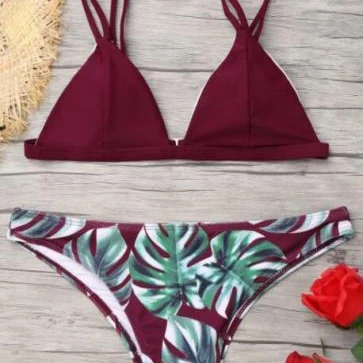 Необычный летний женский цветочный пляжный комплект бикини с принтом, бандаж, одежда для плавания, купальник, сексуальный бразильский купальник, женский пляжный бикини, 2 шт - Цвет: burgandy