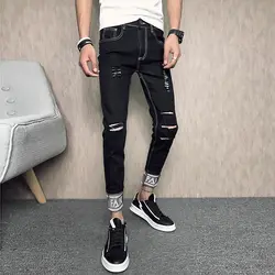 Летние Рваные джинсы Для мужчин модельер Slim Fit ботильоны Длина деним Для мужчин s брюки Повседневное черная дыра хип-хоп джинсы брюки 33-28