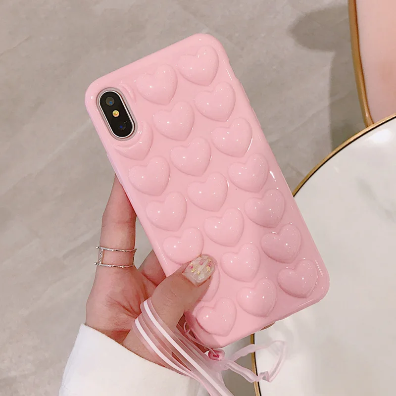 Moskado 3D Love Heart чехол для телефона для iPhone 11 7 6s Plus мультяшный Модный чехол с ремешком для iPhone X XS Max XR мягкий чехол - Цвет: Розовый