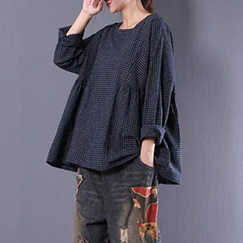 

New Women Round Neck Long Sleeve Loose Blouse Cotton Linen Vintage Plaid Shirt Blusas Autumn Over sized Tops 3XL 2018