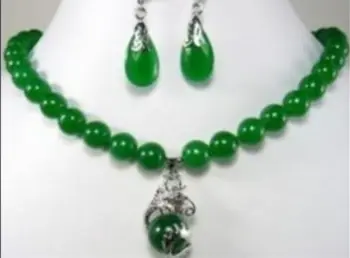 

10mm silver dragon jades earrings pendant necklace sets 18"AAARR>>> women jewerly