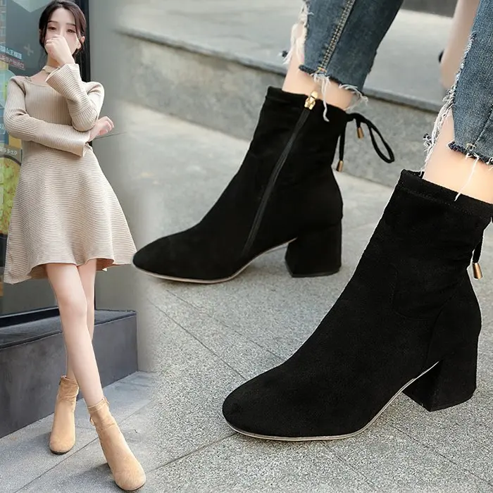 

2018 new thick with ankle boots elastic boots slim short tube Korean fashion high-heeled Martin boots.