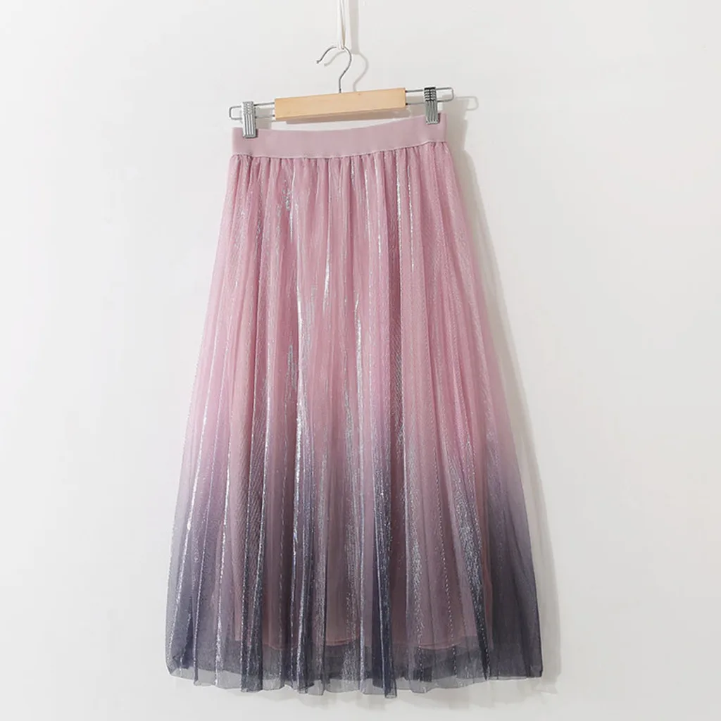 Women's long tulle reflective mesh skirt in the long paragraph A word bright silk pleated skirt Princess sweet skirt юбка 40