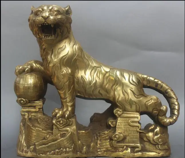 12" China Chinese Folk Feng Shui Brass Zodiac Year Tiger Ball Statue