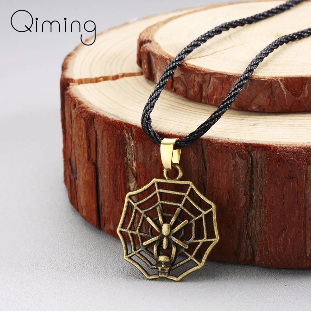 

Spider Web Bronze Necklace Punk Men Bronze Halloween Slavic Vintage Jewelry Insect Charm Skull Skeleton Necklace Women Gift