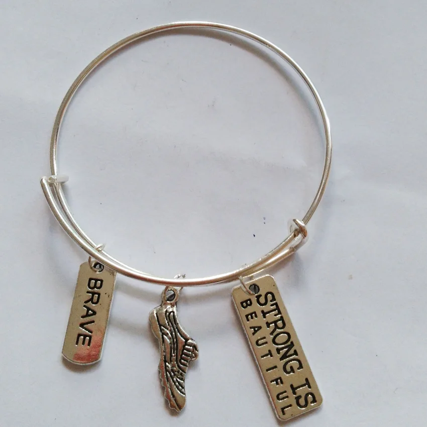

Diameter 65mm bracelets bangles with running shoes,brave and Strong is beautiful charm ,Adjustable Expandable Wire Bangle