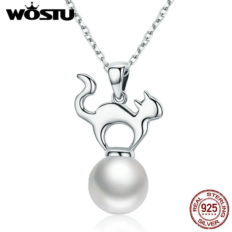 

WOSTU New Fashion 925 Sterling Silver & Pearl Fascinating Cat Pendant Chokers Necklaces For Women Luxury Jewelry Gift CQN095