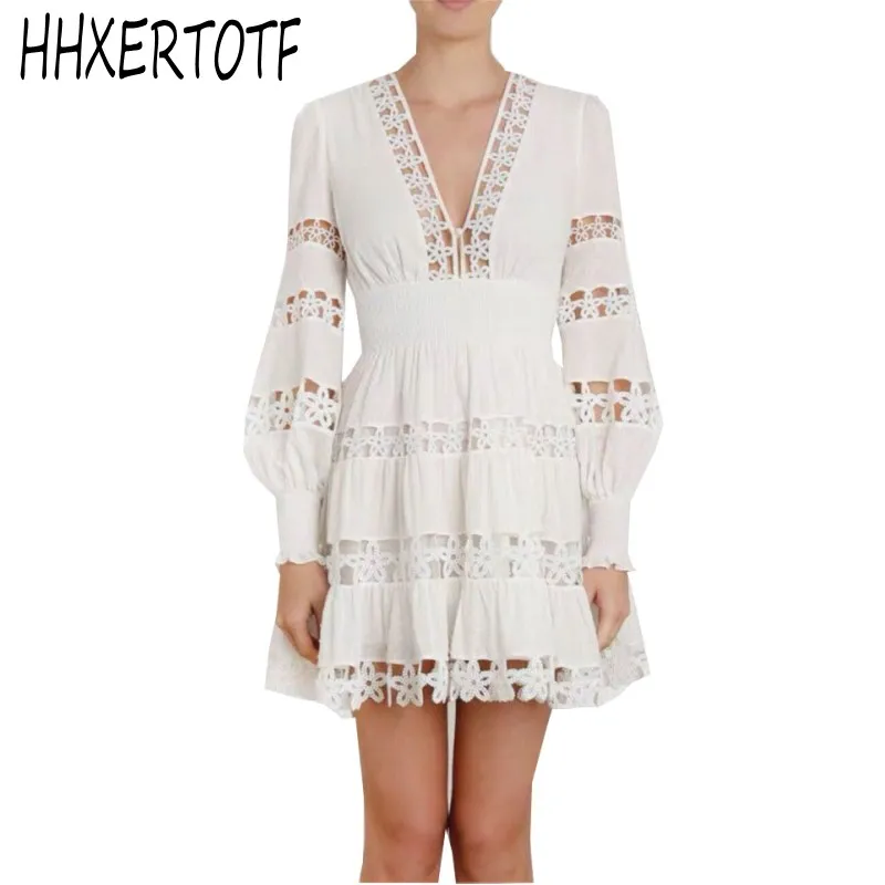 

High-end New Fashion 2019 Designer Runway Dress Women's Puff Sleeve Lace Patchwork Casual Chic Dress vestidos