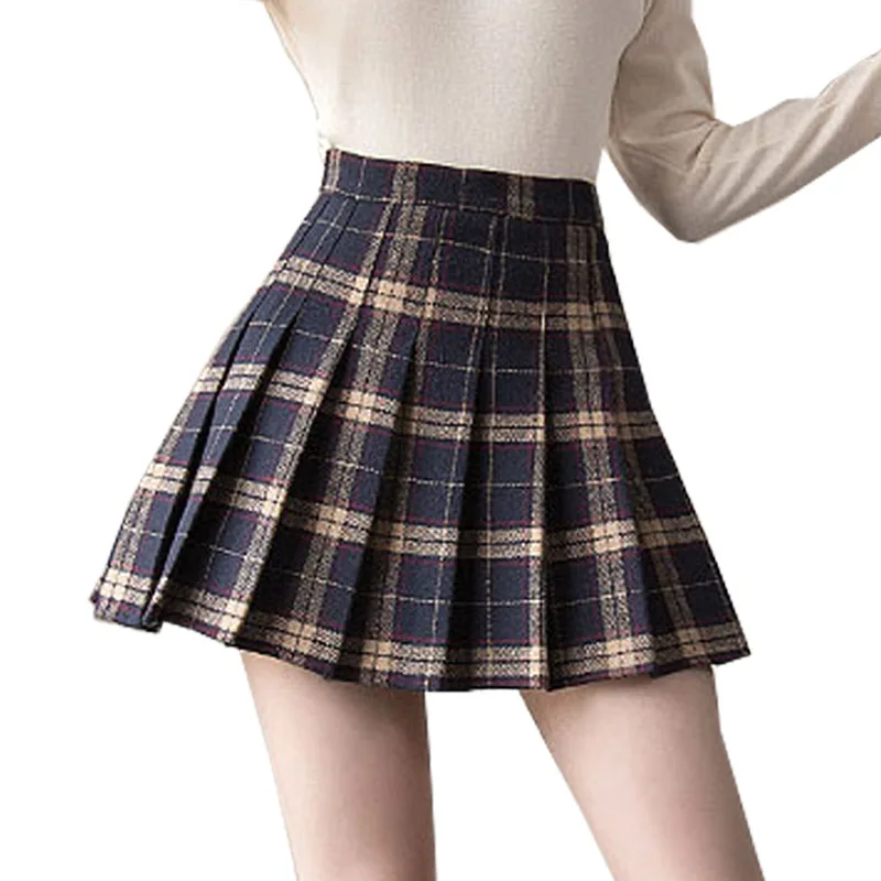 

2018 Autumn And Winter Fashion Retro Vintage Cute Woolen Plaid Student School Japan Pleated Female Mini Short Skirts for womens