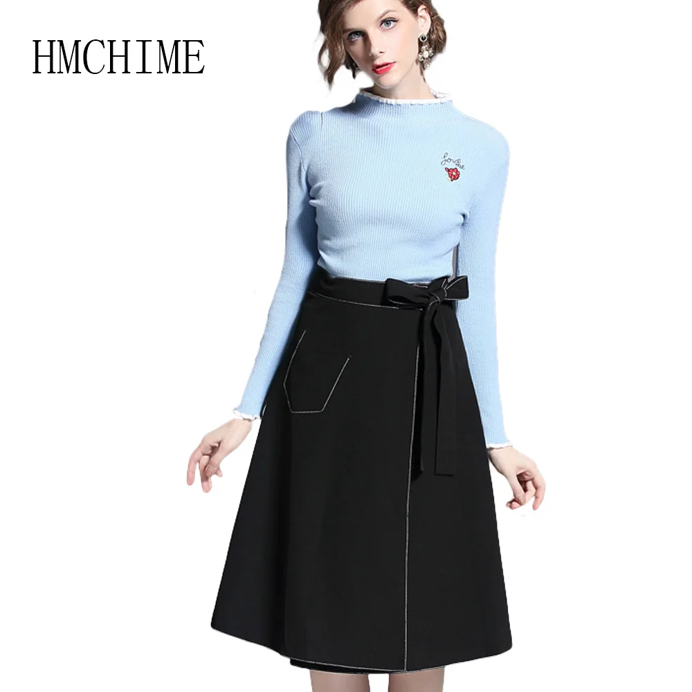 Épissage Jupe Bandage Longues Femmes Set Ligne À Une Femme Multi Piece Costumes Sweat Hiver Élégante 2018 Deux Élastique Manches Automne Mode FA81q1w